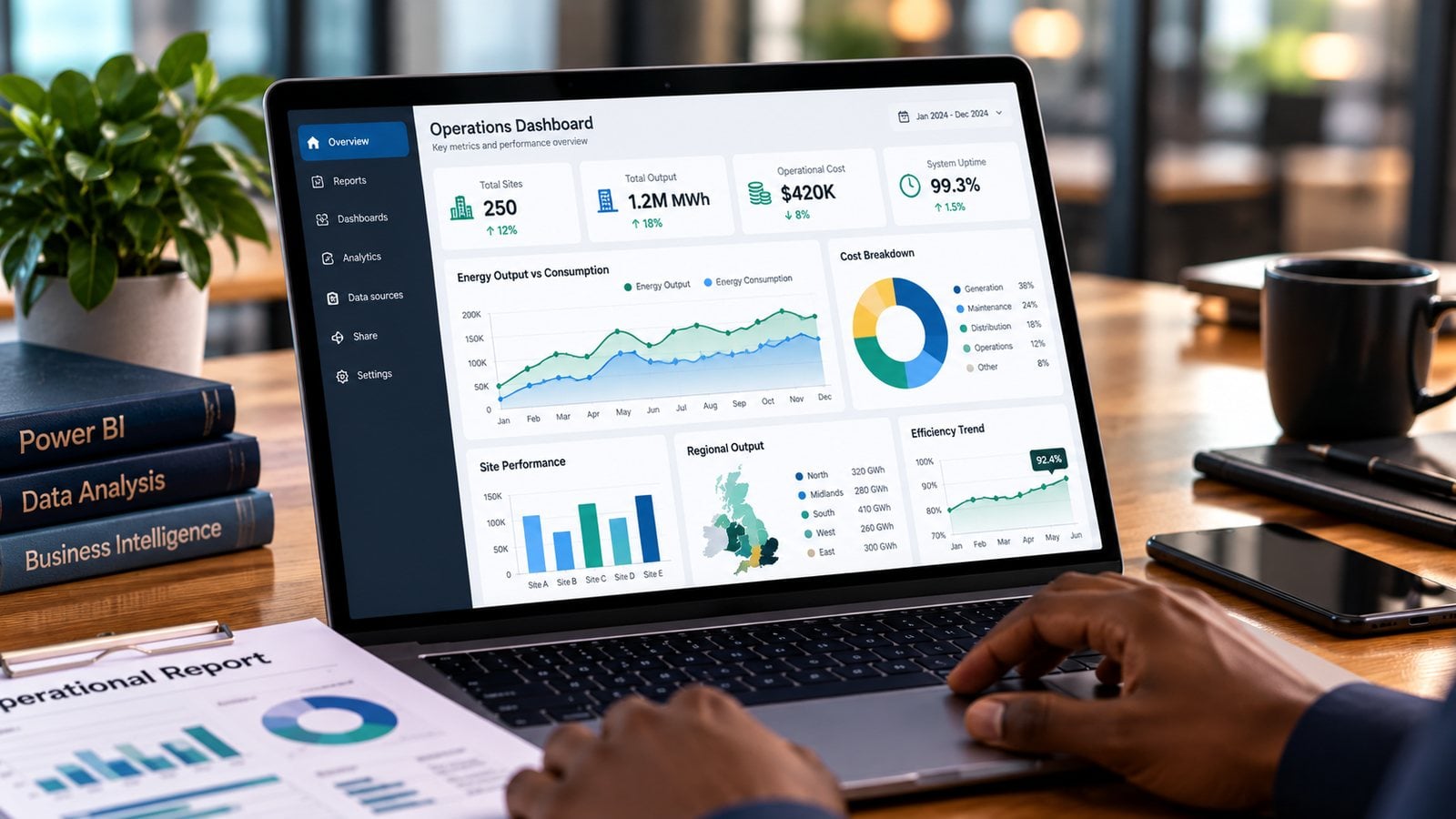 Operations dashboard on a laptop showing energy output, cost breakdown and site performance, next to Power BI books