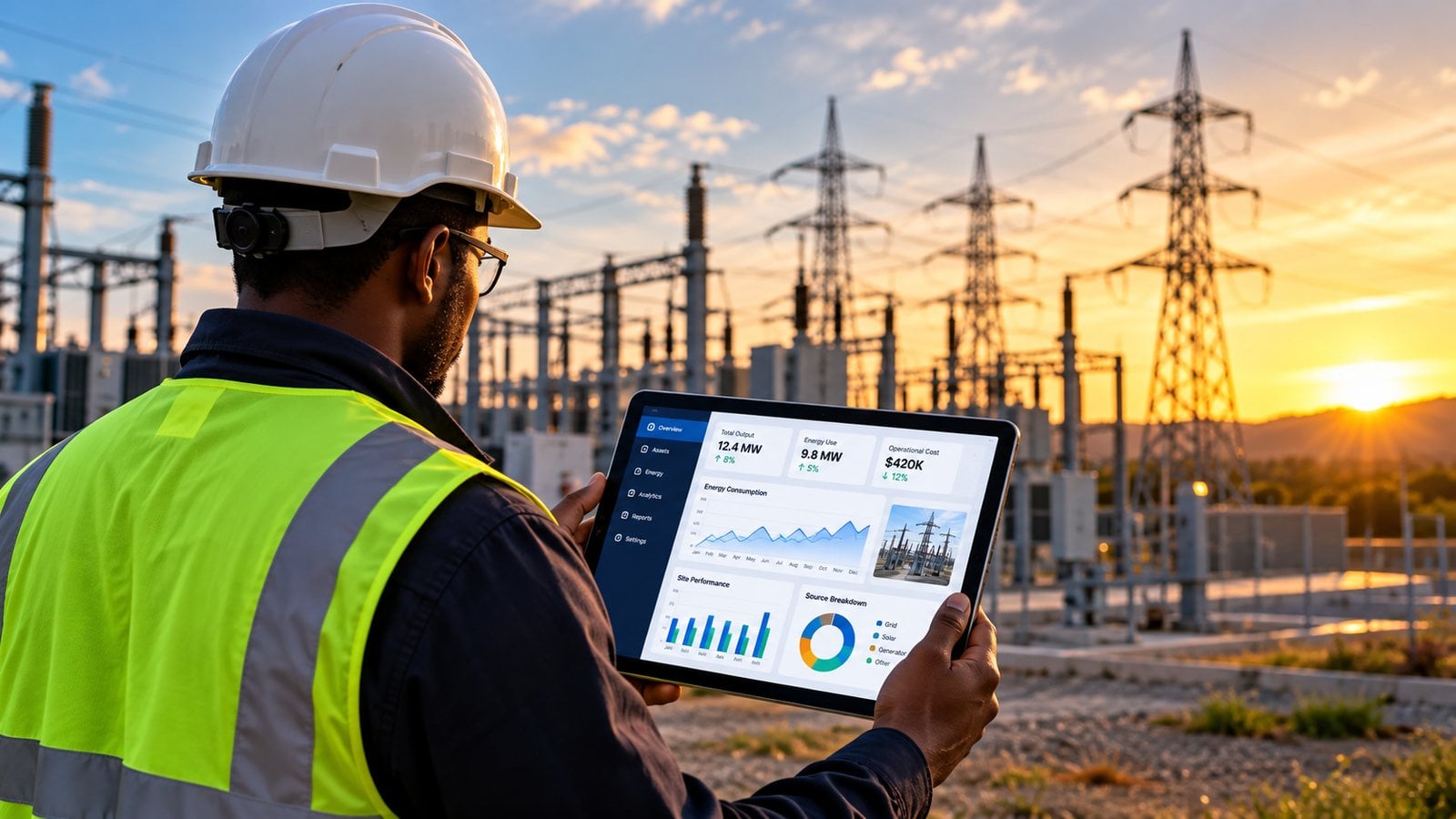 Engineer in a hard hat reviewing an energy dashboard on a tablet at an electrical substation at sunset