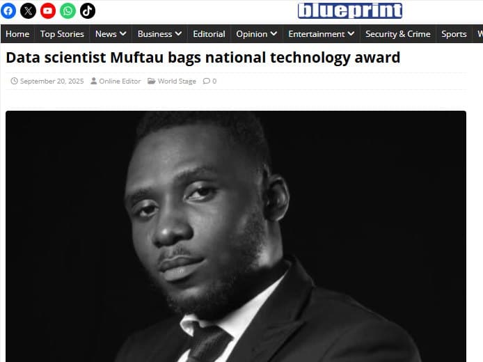 Screenshot of the Blueprint article: Data scientist Muftau bags national technology award